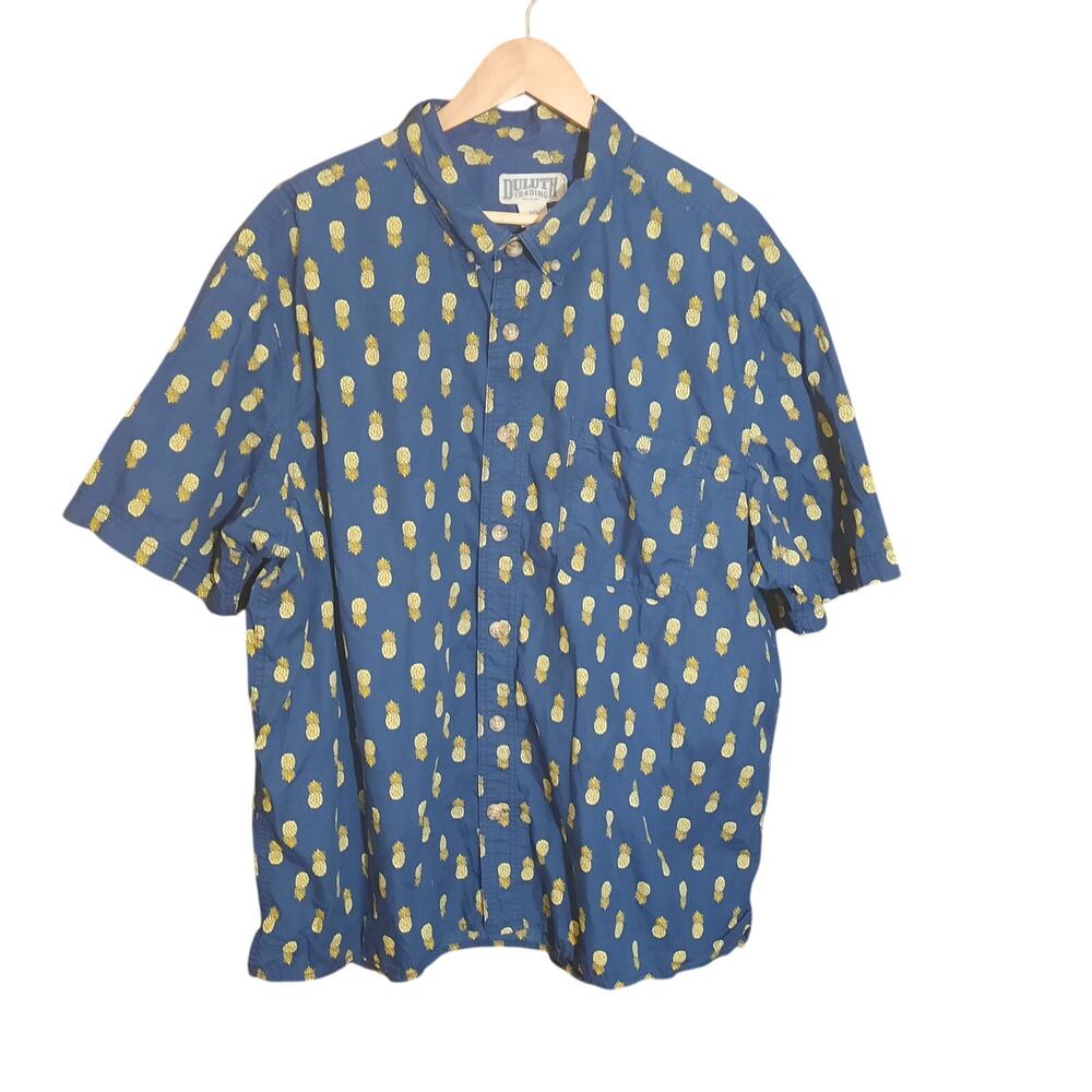 Duluth Trading Mens Relaxed Fit Navy & Pineapple Pattern Short Sleeve Shirt 2XL